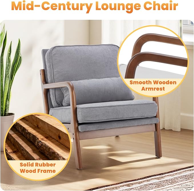 DUMOS Accent Chairs Set of 2,Mid Century Modern Chair with Arms and Waist Cushion, Reading Chairs for Adults, Lounge Chair for Living Room and Bedroom, Solid Wooden Frame,Classic Grey