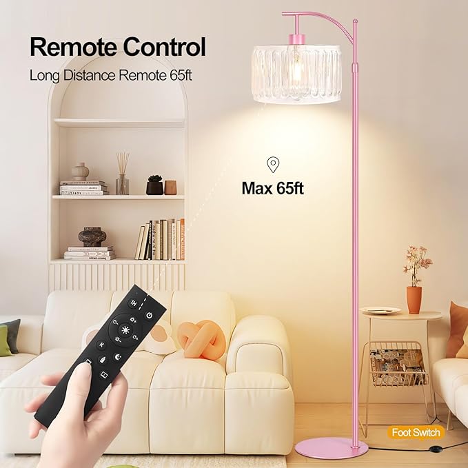 QIYIZM Pink Floor Lamp for Living Room,Bedroom,Gold Dimmable Standing Lamp with Remote,Mid Century Modern Brass Tall Lamp Boho Floor Lamps Arc Stained Glass Flower Floor Light Lamp Girls kids Bohemian