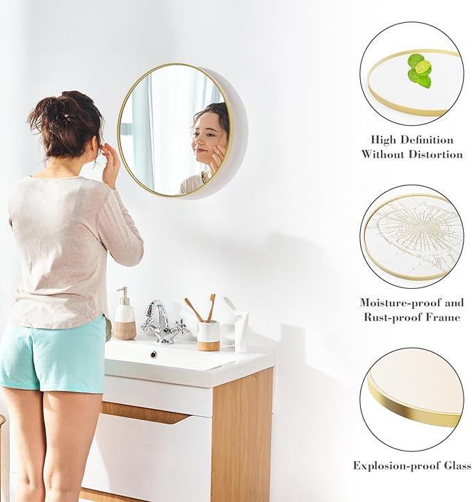 NEWBULIG 20 Inch Round Wall Mirror, Bathroom Mirror for Over Sink, Matte Metal Framed Circle Vanity Mirror, Wall Decor for Bedroom, Anti-Rust, Tempered Glass, Hanging or Leaning, Classic Gold