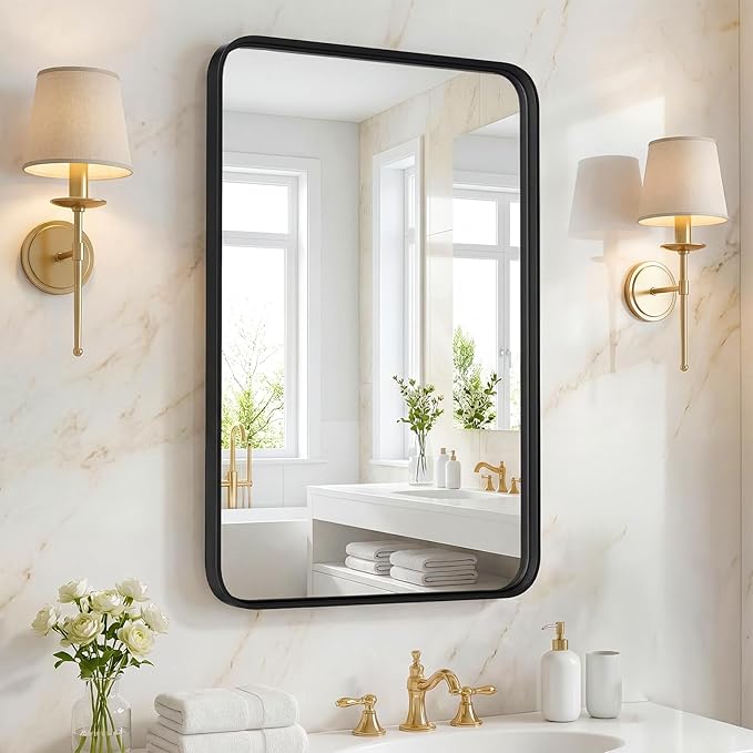 NEWBULIG 22X30 Inch Bathroom Wall Mirror, Vanity Bathroom Mirrors for Over Sink Tempered Glass, Anti-Rust Metal Framed Rounded Rectangle, Hangs Horizontally or Vertically, Farmhouse Home Decor, Black