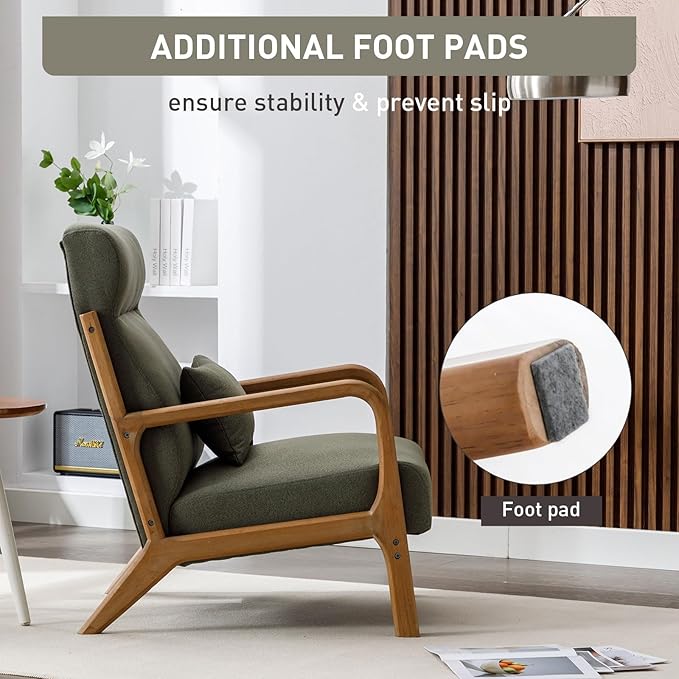 ANJ Mid Century Modern Accent Chair with High Back, Single Lounge Armchair with Solid Wood Frame, Comfy Reading Chair for Living Room, Easy Assembly