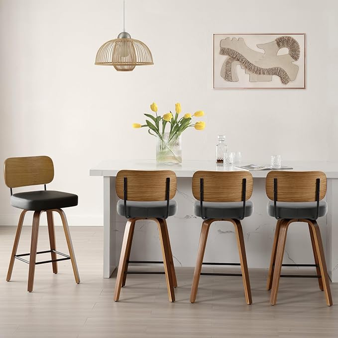Bekrvio Swivel Counter Height Bar Stools Set of 4, Mid-Century Modern Upholstered Faux Leather Barstools with Wood Back, 26" Seat Height Bar Stools for Kitchen Island, Black Seat and Walnut Frame