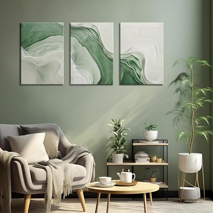 3Pcs Minimalist Green Abstract Canvas Wall Art Modern Neutral Wall Decor Pictures Green White Textured Posters Prints for Living Room Bedroom Home Decoration 12x16in