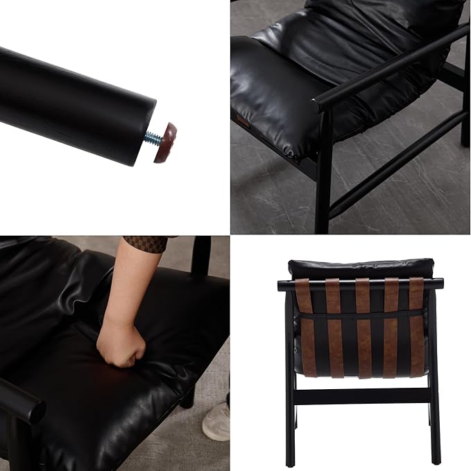 DUOMEI Faux Leather Accent Chair, Mid Century Modern Living Room Chairs with Solid Wood Frame, Upholstered Lounge Reading Chair Comfy Arm Chair Cozy Recliner for Bedroom/Guest Room, Black