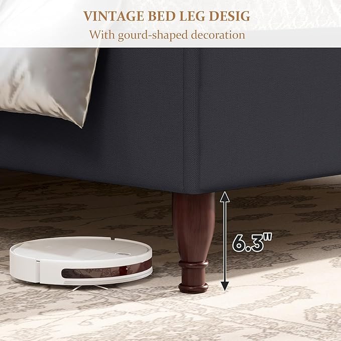 koorlian Queen Size Bed Frame Upholstered Platform Bed with 51'' Tall Fabric Headboard and Wooden Slats Support, Retro Minimalist Style/Fully Upholstered/Easy Assembly, Dark Navy