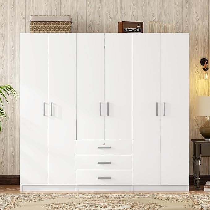 6 Door Armoire Wardrobe Closet with Big 3 Drawers, Wooden Freestanding Bathroom Armoire Cabinet with Shelves and Hanging Rod, Clothes Storage Organizer for Bedroom, Guest Room (White-8)