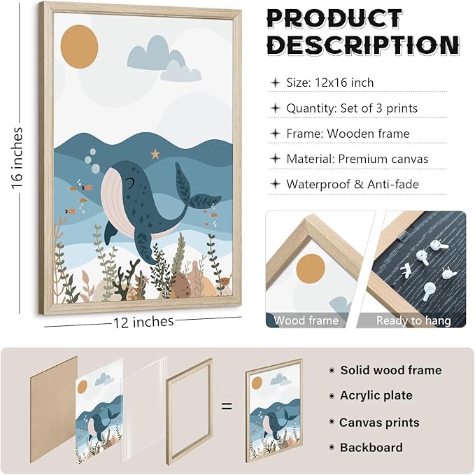 Ocean Nursery Wall Art Pictures Blue Nautical Canvas Art Beach Animal Wall Decor Baby Boys Room Wall Art Sea Whale Prints Ocean Nautical Poster for Nursery Baby Room 12x16 Inch Set of 3 Wood Framed