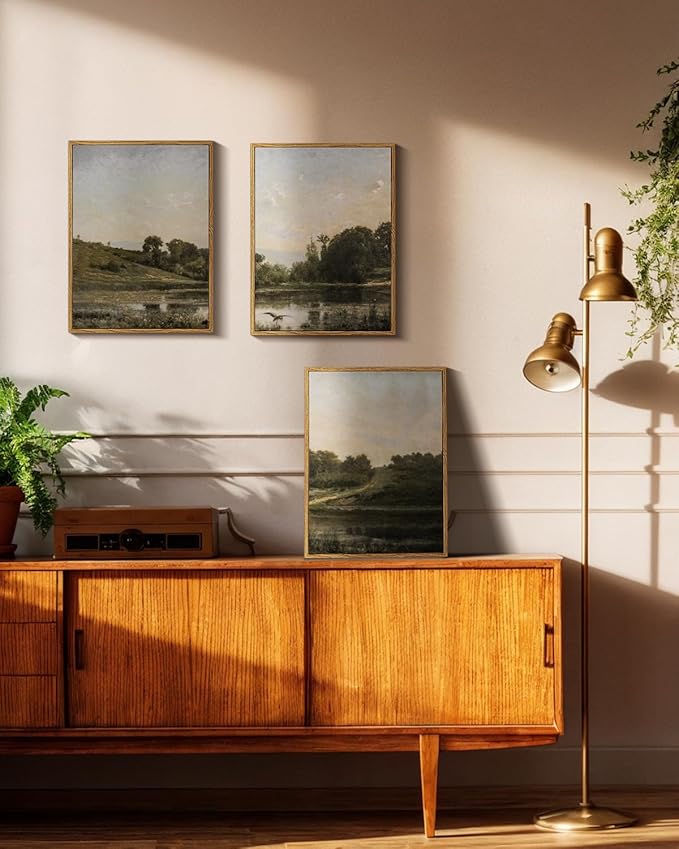 Vintage Framed Landscape Wall Art Set of 3 12x16 Countryside Lake Canvas Painting, Rustic Tranquil Hillside Meadow Views Nature Scenery Print, Classic Pastoral Living Room Bedroom Farmhouse Decor