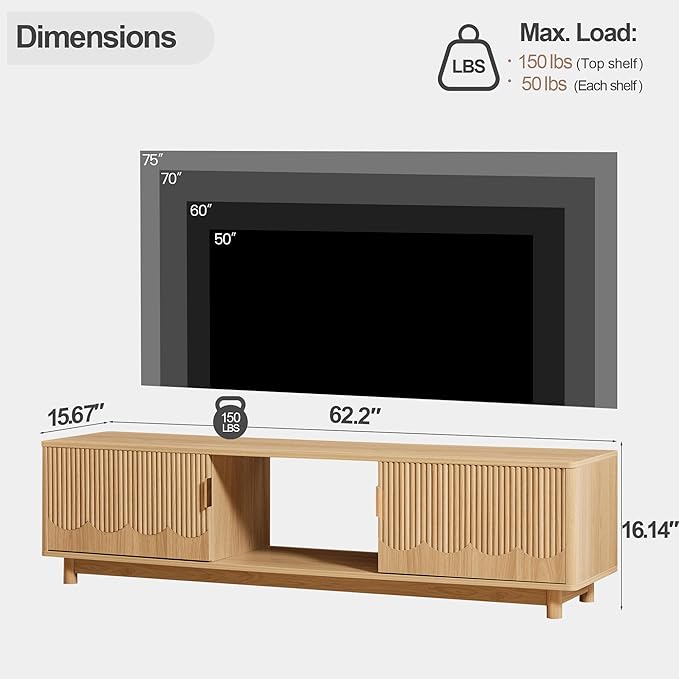 FurSch 62.2” Mid Century Modern Fluted TV Stand, Low Profile TV Stand with Storage, Curved Media Console for Bedroom Living Room (Natural)