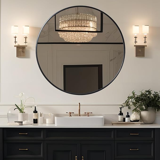 Growsun 48 inch Large Round Mirror, Bathroom Mirror for Wall, Metal Frame Round Mirror for Fireplace Living Room Wall Decor, Black Frame