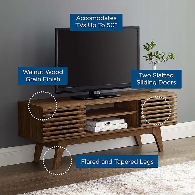 Modway Render 46" Mid-Century Modern Low Profile Media Console TV Stand, 46 Inch, Walnut