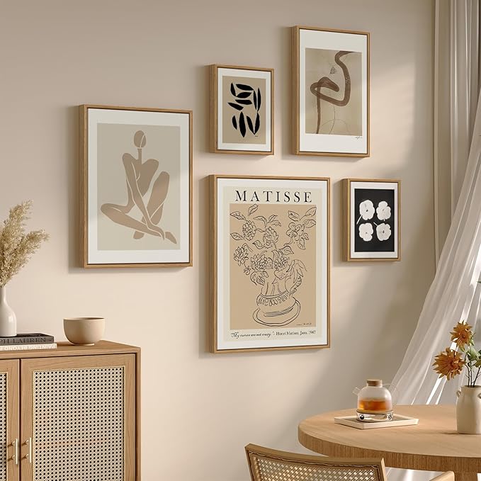 Large Framed Matisse Abstract Wall Art Set of 5, Neutral Beige Modern Minimalist Geometric and Botanical Canvas Prints for Living Room Bedroom Hallway Home Office