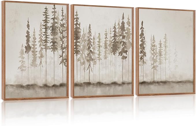 HPINUB Large Misty Forest Framed Canvas Wall Art Set, (Set of 3,12X16 Inch) Modern Foggy Pine Tree Wall Decor, Nature Landscape Wall Painting, Abstract Foggy Forest Art Print for Living Room, Office