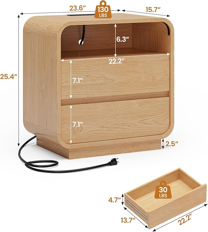 HAUOMS 25" Tall Modern Nightstand with Charging Station, 23.6" Wide Wood Bedside Table w/2 Storage Drawers, Curved Profile Design, Large Mid Century End Table for Bedroom, Living Room, Natural Oak