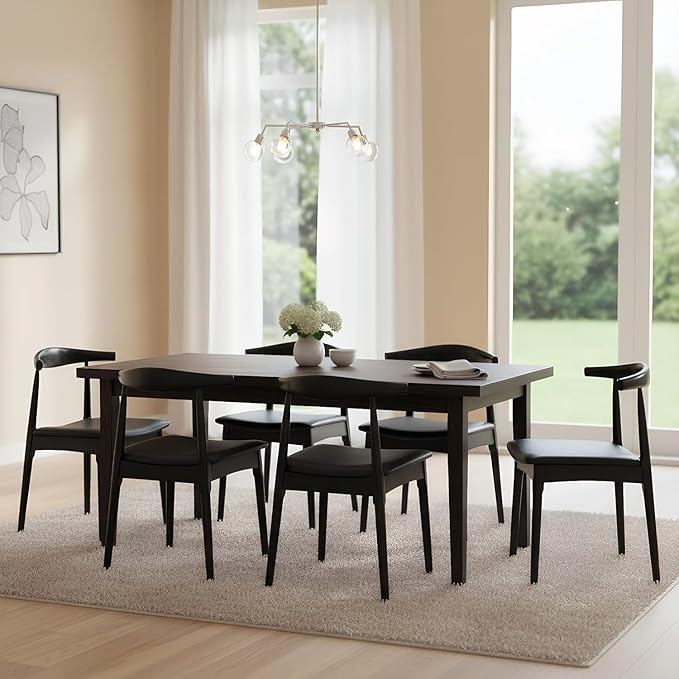 ROCITY Black Dining Chairs Set of 6 Leather Kitchen Chairs with Wood Legs and Barrel Backs, Mid Century Modern Dining Room Chairs