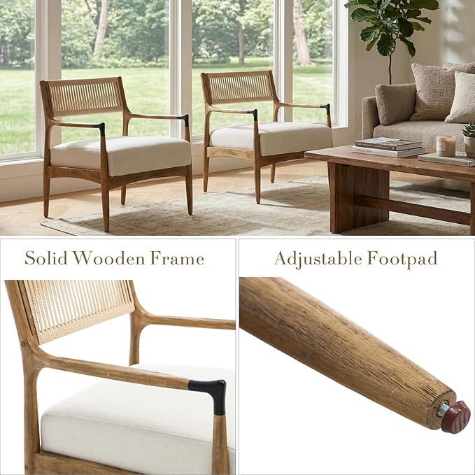Ya-Home Mid-Century Modern Accent Chairs with Woven Rope Back, Upholstered Linen Fabric Armchairs with Solid Wood Frame for Living Room Bedroom, 2PCS, Beige