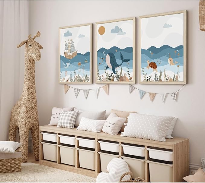 Ocean Nursery Wall Art Pictures Blue Nautical Canvas Art Beach Animal Wall Decor Baby Boys Room Wall Art Sea Whale Prints Ocean Nautical Poster for Nursery Baby Room 16x24 Inch Set of 3 Wood Framed