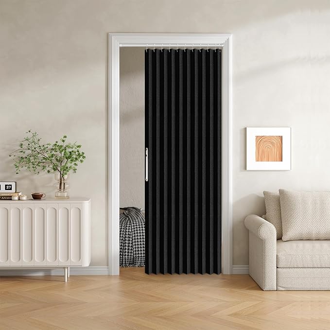 Jilron 100% Blackout Fabric Folding Door Curtain with Magnetic Closure - Accordion Style for Sliding Doors, Closets,Wardrobe and Temporary Door Solutions Doorway Curtains（W42 x L78, Black，1 Panel）
