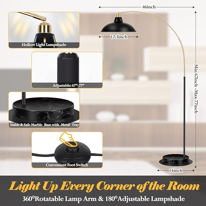 FILIYANO Arc Floor Lamp for Living Room, Marble Base Standing Lamp - Black Gold Floor Lamps with 360° Rotatable Arm, Industrial Tall Lamp Metal Material, Reading Lamp for Bedroom Couch Sofa Desk
