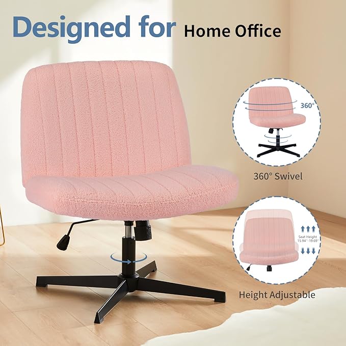 DUMOS Criss Cross Chair No Wheels, Legged Office Desk Armless Chiar Wide Seat, Adjustable Swivel Teddy Fabric Task Vanity Chairs for Home Bedroom, Pink