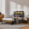 Easy Assembly Twin Bed Frame with LED Light &Charging Station, Metal Platform Bed with 2-Tier Shelves & Under Bed Storage, Upholstered Headboard&Footboard,No Box Spring Needed,Noise Free,Vintage Brown