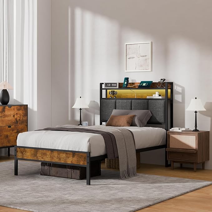 Easy Assembly Twin Bed Frame with LED Light &Charging Station, Metal Platform Bed with 2-Tier Shelves & Under Bed Storage, Upholstered Headboard&Footboard,No Box Spring Needed,Noise Free,Vintage Brown