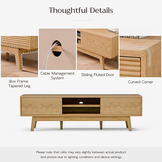 TOLEAD 59" Mid Century Modern TV Stand for TVs up to 65 Inch, Low Profile Entertainment Center with Fluted Sliding Doors & Storage, Wood TV Console Table for Living Room, Oak