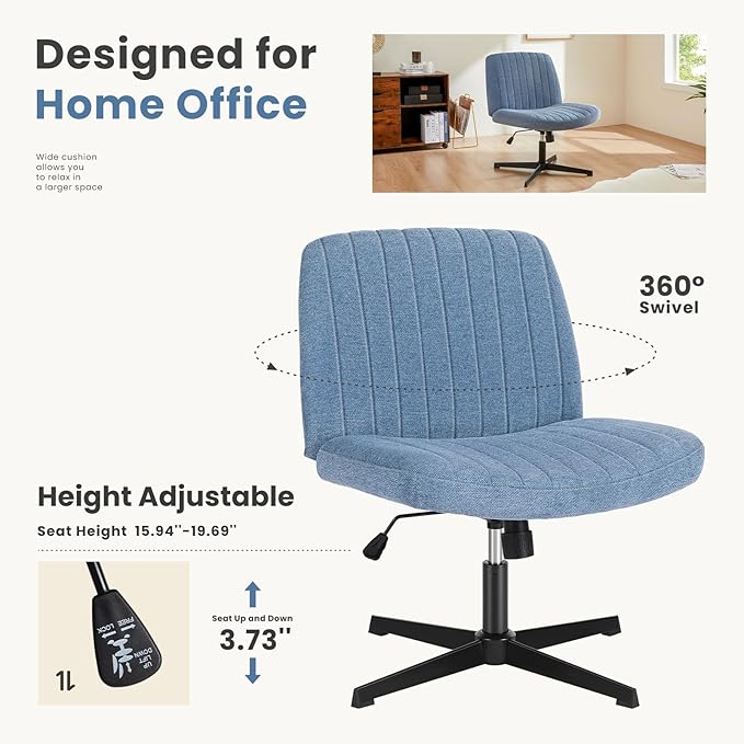 DUMOS Criss Cross Legged Chair Wide Comfy Home Office Desk Chairs, No Wheels Armless Computer Task Swivel Vanity Chair Height Adjustable for Makeup Bedroom, Fabric-Dark Blue
