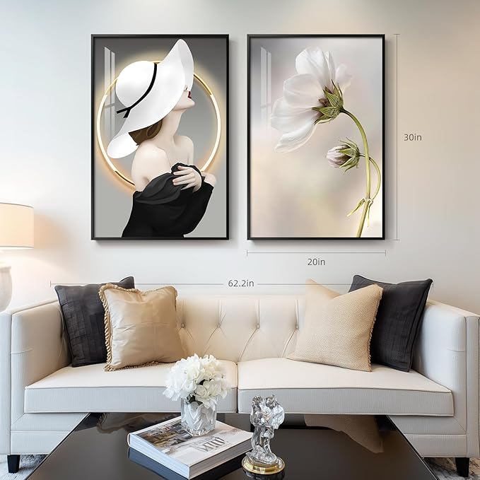Framed Modern Woman Wall Art for Girls Bedroom, Set of 2 Black and White Luxury Floral Artwork for Walls, Large Bright Style Modern Art Picture Print for Living Room Office Hallway Bedroom, 20x30 Inch
