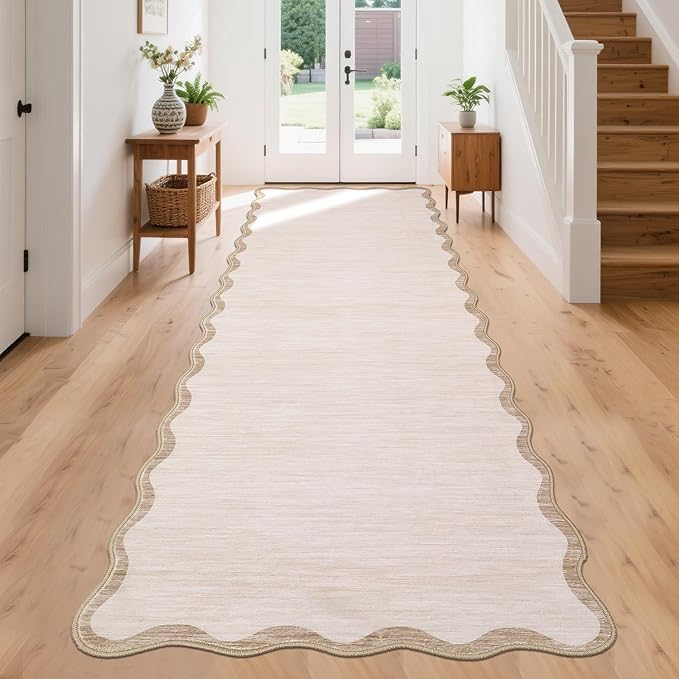 GarveeHome Scalloped Runner Rug for Hallways Kitchen 2'6"x8' Washable Non Slip 8ft Low Pile Pet Friendly Indoor Entryway Rug Farmhouse Soft Bath Mat Stain Resistant Carpet for Bedroom Laundry