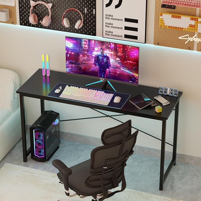Sweetcrispy Computer Office Desk 55 Inch Student Study Writing Work with Metal Frame Wood Tabletop Modern Simple PC Home Bedroom Table - Black
