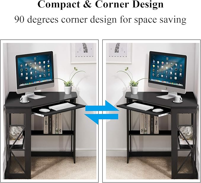 VECELO Corner Desk Computer Desk Writing Table with Smooth Keyboard Tray & Storage Shelves,Compact Home Office Triangle Table,Black