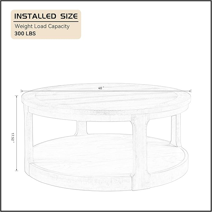 WILLIAMSPACE 40" Round Coffee Table with Wheels, Circle 2 Tier Solid Wood Center Coffee Table, Mid Century Retro Farmhouse Rounded End Table for Living Room Apartment, ø40 x 17.52" H (Dark Brown)