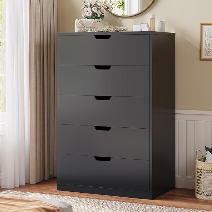 HAUOMS Tall 5 Drawer Dresser, Black Modern Chest of Drawers for Bedroom,Closet Dressers with Drawers for Living Room, Entryway, Hallway