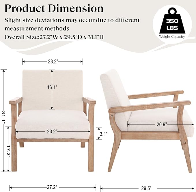 BESTANO Accent Chair Mid Century Modern Armchair, Linen Upholstered Living Room Accent Armchair with Wood Frame, Farmhouse Chair Indoor Corner Chair for Living Room Bedroom, Ivory