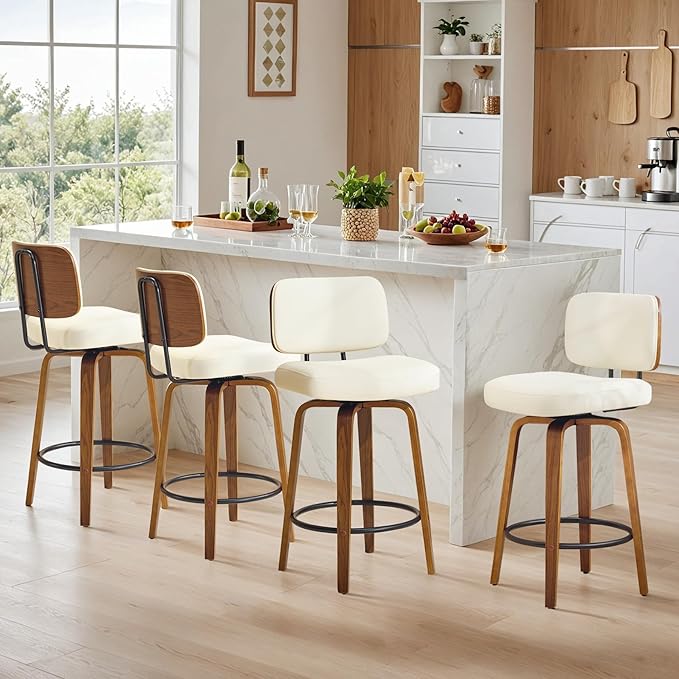 Counter Height Bar Stools Set of 1, 26+inch Swivel Faux Leather Barstool with Back, Upholstered Mid-Century Modern Bar Chairs with Bent Wood Legs for Kitchen Counter, Dining Room, Cream White