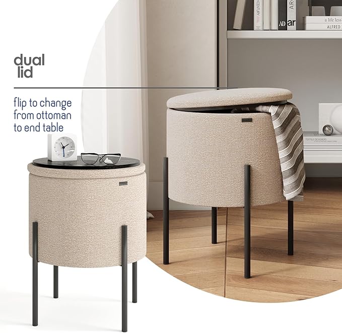 STORAGEBUD Round Ottoman with Storage, Boucle Storage Foot Stool, Makeup Vanity Stool, Small Ottoman Foot Rest, Modern Ottomans for Living Room and Bedroom, Beige