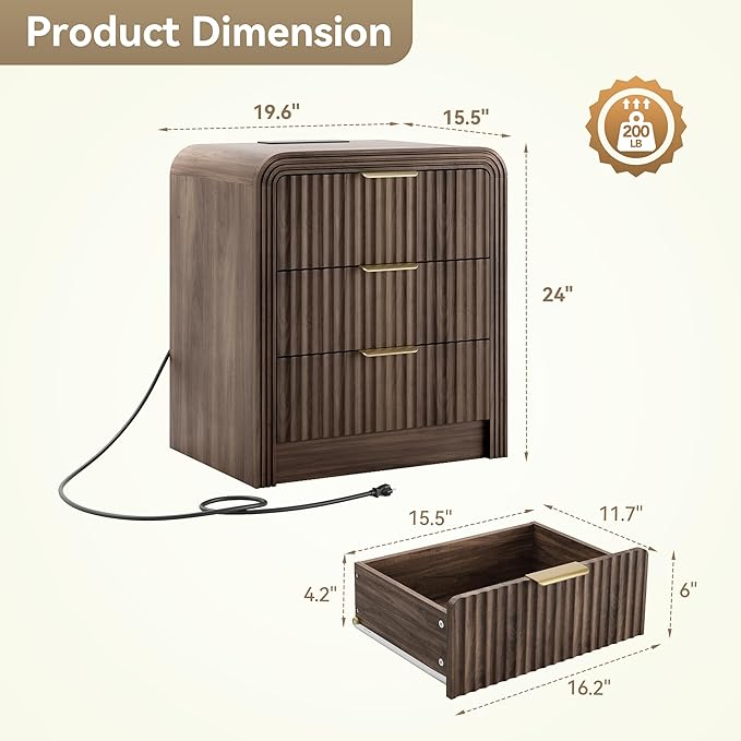 Decofy Fluted Nightstand with Charging Station, Modern Bedroom Side Table with Gold Handles, Curved Profile Design, End Table Wood Organizer for Bedroom, 19.7" & 3 Drawers (2 Pack, Walnut)