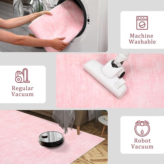 RUGSREAL Bedroom Area Rug 4x6 Modern Abstract Area Rug Stain Resistant Small Living Room Rug Contemporary Dining Room Rug Non-Slip Solid Rug Aesthetic Accent Floor Carpet for Kitchen Office, Pink