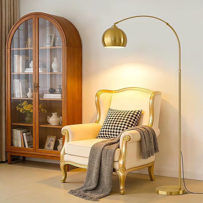 Brushed Gold Arc Floor Lamp 71" Tall, Dimmable 12W LED Smart Standing Lamp with Remote, 360° Rotatable Adjustable Height & Span, Elegant Floor Lamp for Living Room, Bedroom, Office, Library