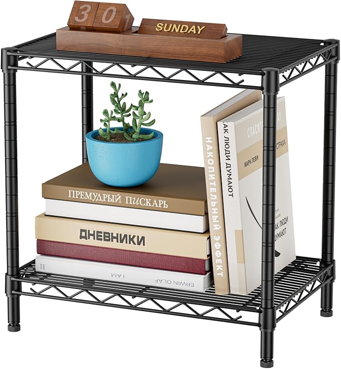 SINGAYE Bookshelf Shelves Bookcase Shelf: 2 Tier Small Shelving Unit Home Storage Organizer Wire Metal Adjustable Free Standing Display Shelf for Bedroom Living Room Office Pantry Black