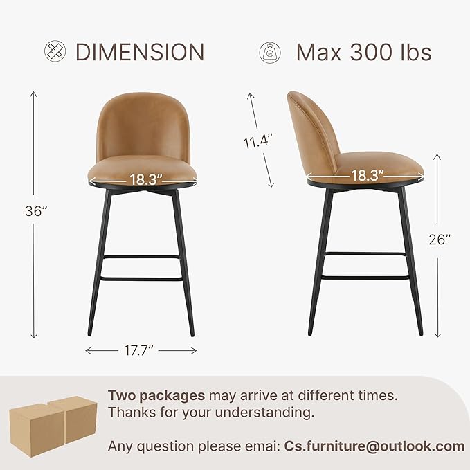 26" Counter Height Swivel Bar Stools Set of 4, Upholstered Faux Leather Barstools with Backs and Metal Legs for Kitchen Island,Brown