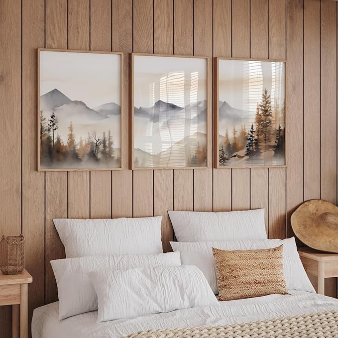 Neutral Mountain Wall Art Decor Set of 3 Forest Canvas Wall Art Poster Landscape Wall Art Artwork Modern Pictures Abstract Painting Watercolor Prints for Living Room Bedroom 16x24 Inch Unframed