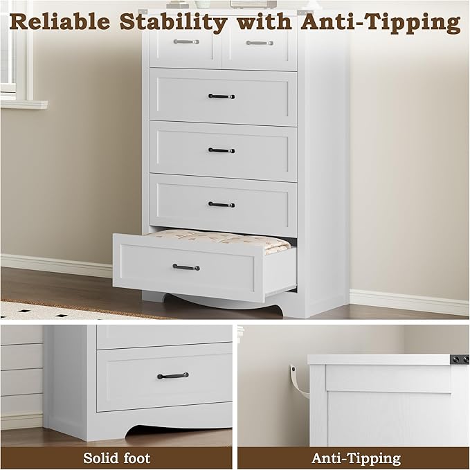 BORNOON Tall 6-Drawer Dresser for Bedroom, Modern Wooden Chest of Drawers with Metal Handles, Anti-Tipping Design, Sturdy and Stable Storage Organizer for Living Room, Entryway, Home Office, Standard