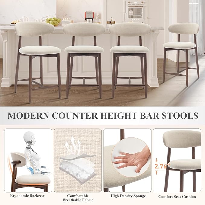COLAMY Counter Height Bar Stools Set of 3, Kitchen Bar Stools with Back, Mid Century Modern Upholstered, with Wood Legs for Kitchen Island Dining Room, Beige
