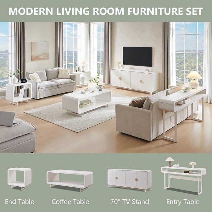 IFGET Modern Buffet Cabinet with Storage, 70" Large Sideboard Buffet Storage Cabinet with 4 Doors and Adjustable Shleves, Wooden Curved Coffee Bar for Dining Room, Kitchen, Living Room, White