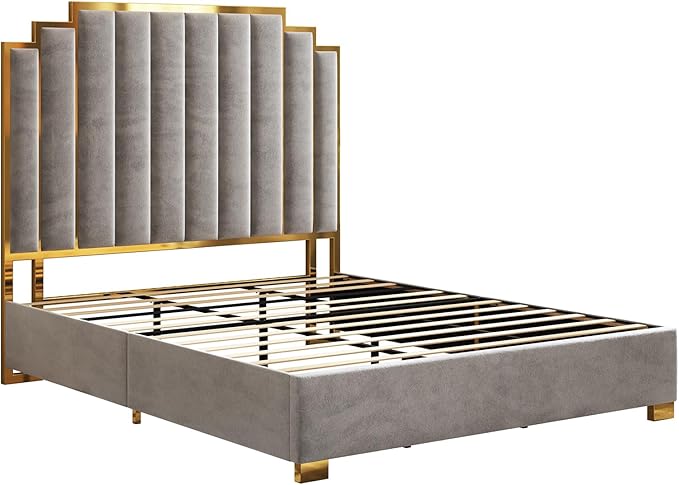 AMERLIFE King Size Upholstered Bed, Modern Velvet Bed Frame with 65.4” Tall Gold Trim Headboard, No Box Spring Needed, Grey