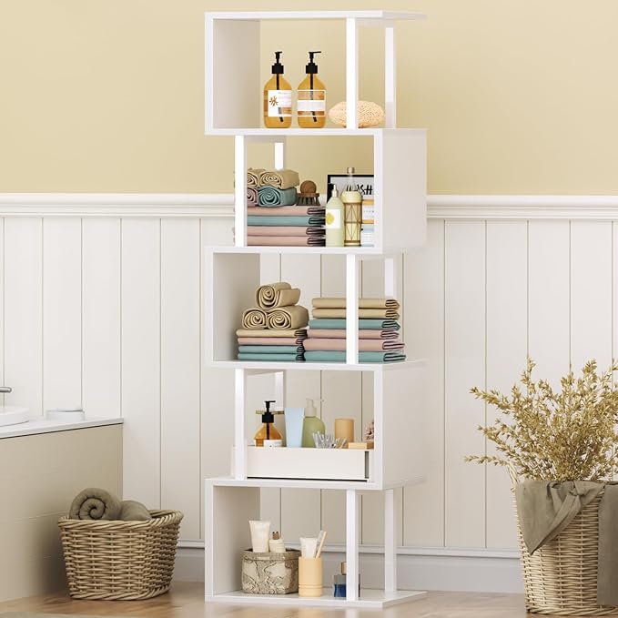 Furologee White Geometric Bookshelf 6 Tier S-Shaped Bookcase, Tall Modern Display Storage Shelf, Metal and Wood Decorative Freestanding Room Divider Shelves for Bedroom, Living Room, Office