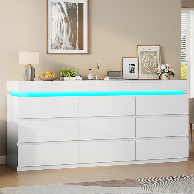 HAUOMS 9 Drawer Dresser with LED Light, White Modern Chest of Drawers for Bedroom,Long Dresser with Drawers for Living Room, Entryway, Hallway