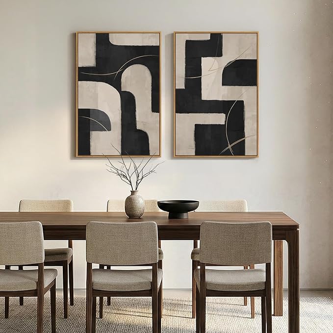 Large Framed Modern Neutral Abstract Wall Art, Set of 2 Minimalist Black and Beige Canvas Prints Paintings Artwork for Walls, Geometric Pictures for Living Room Hallway Bedroom Wall Decor 24x36 In